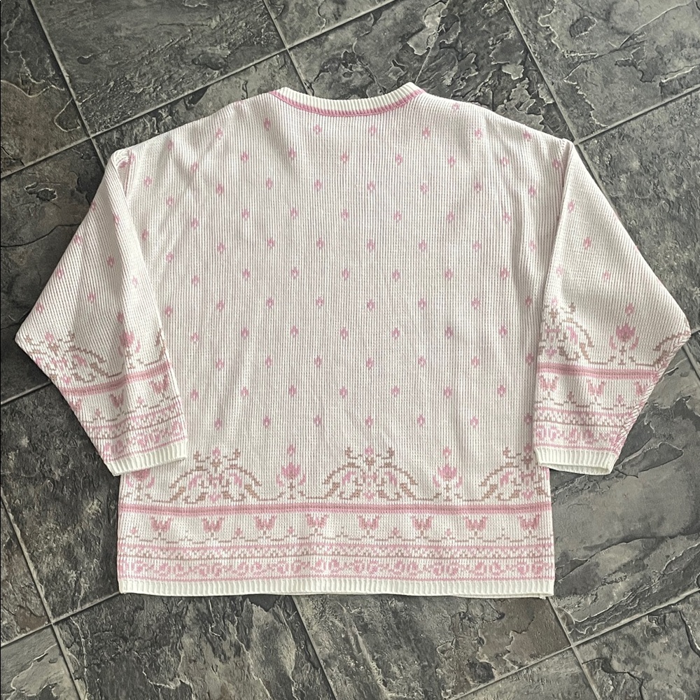Vintage HELEN HARPER 🇨🇦 Pink White Patterned Sweater Cottagecore Coastal Grandma - Picture 9 of 9